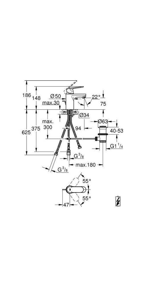Technische Maßzeichnung eines Badezimmerwasserhahns mit Seitengriffer und Installationsmaße, einschließlich Höhe, Ausladung, Anschlussgrößen und Winkeldetails.