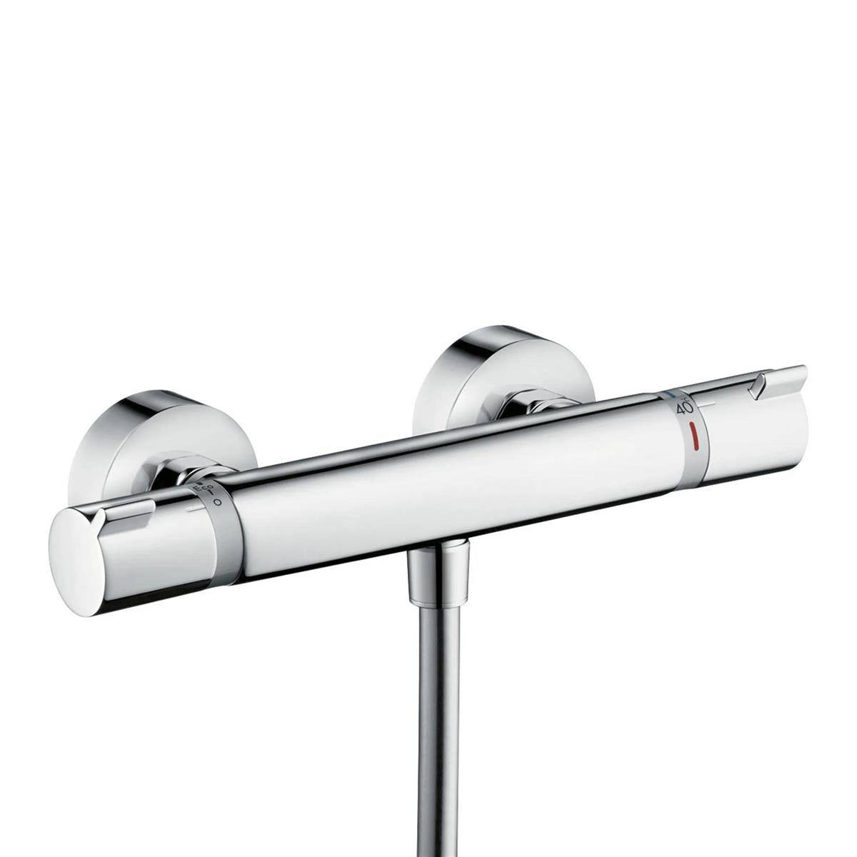 Chrom-Thermostat-Mischbatterie mit Wandhalterungen und zentralem vertikalem Auslaufrohr.