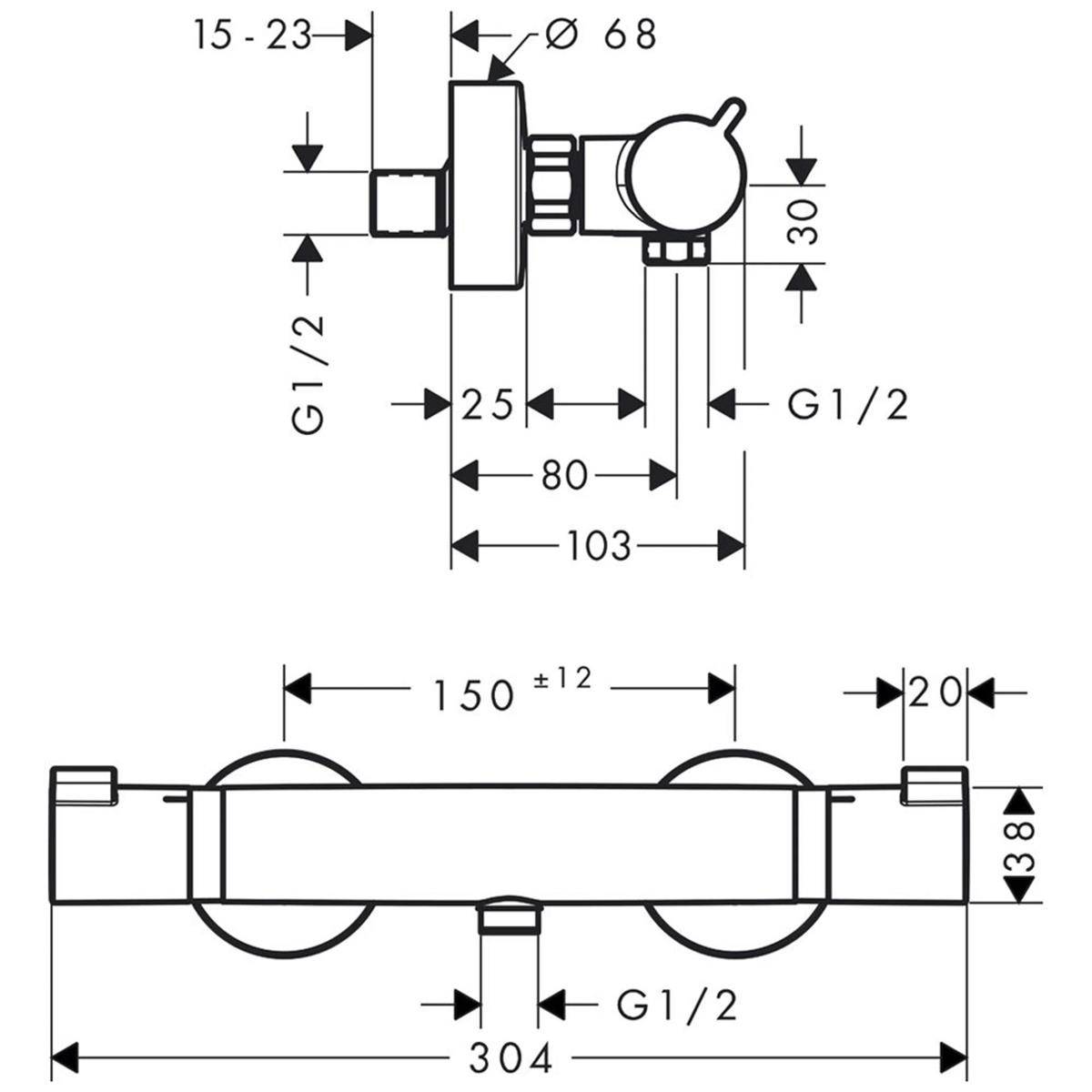 Technische Zeichnung eines Dusch-Mischventils mit Abmessungen, Anschlüsse G1/2, Gesamtbreite 304 mm und wichtige Versätze und Durchmesser.