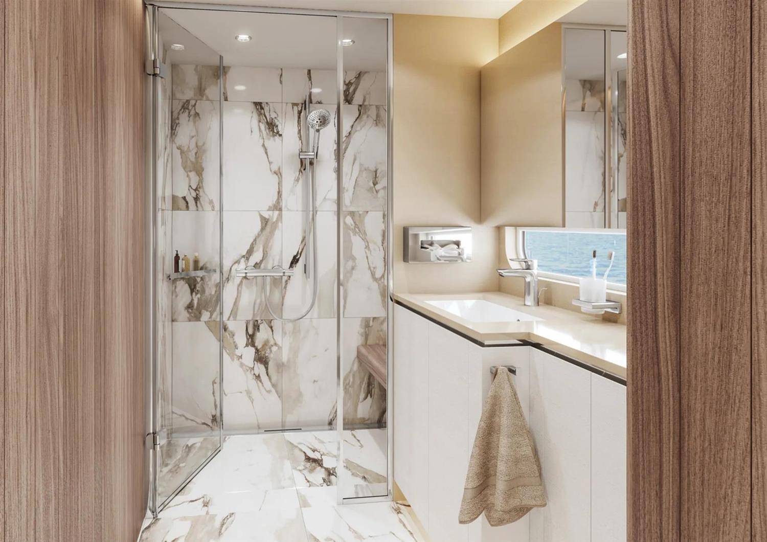 Modernes Badezimmer mit marmorierten Duschabtrennung, doppelter Waschplatz, großem Spiegel und hellem Holzschrank in hellem, neutralem Innendesign