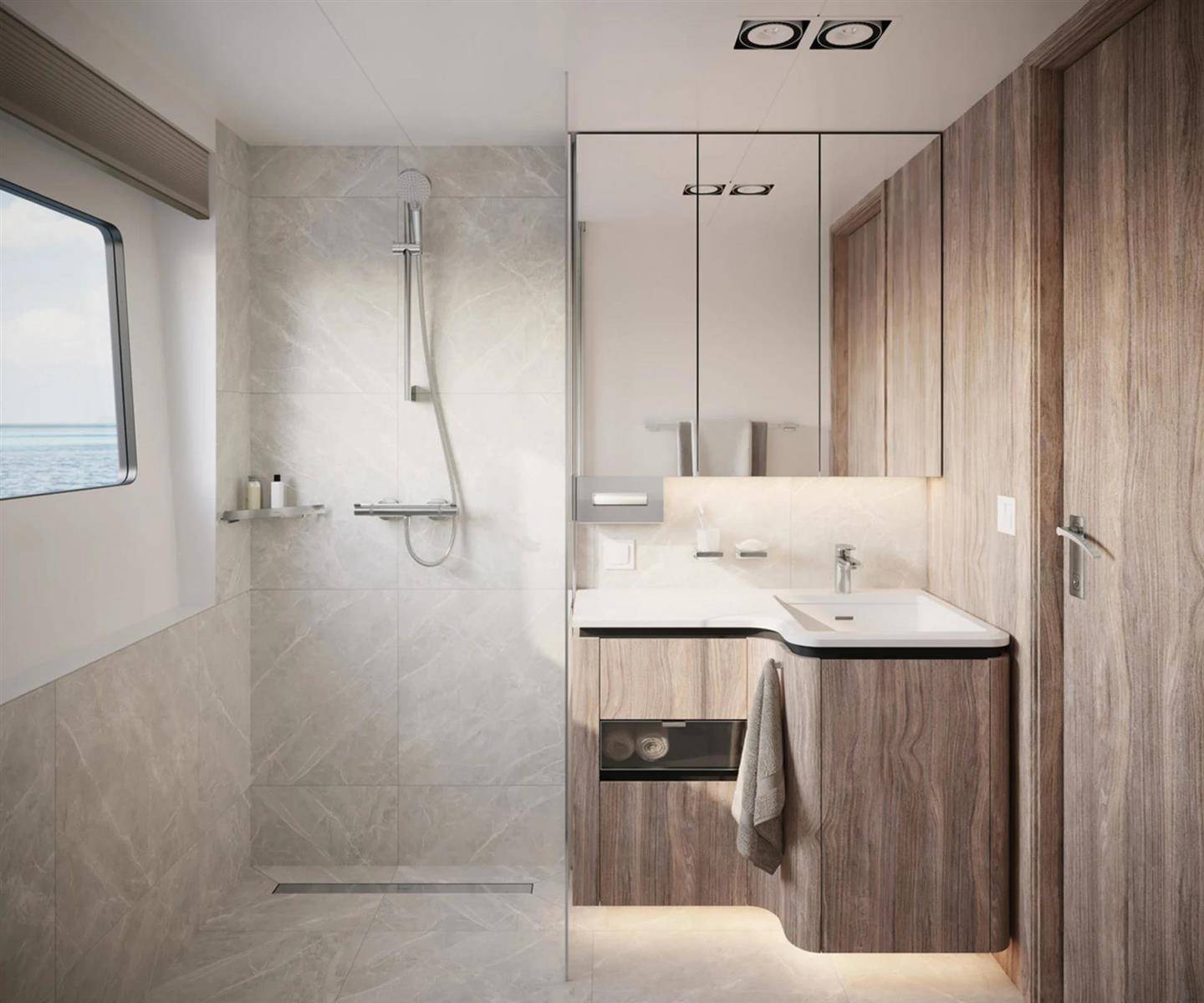 Modernes Badezimmer mit begehbarer Dusche, Waschtisch, Spiegelschrank, Holzschränken und Meereblick-Fenster auf der linken Seite.