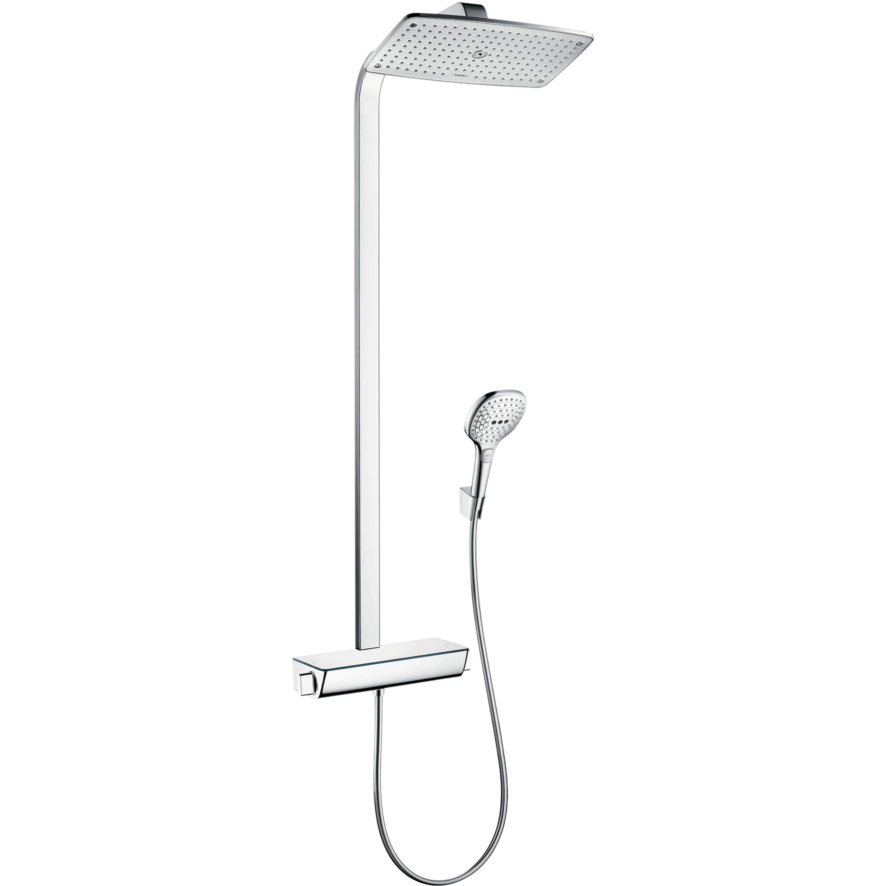 Moderner Chromduschset mit großem quadratischem Regenduschkopf, Handbrause und Mischbatterie auf weißem Hintergrund.