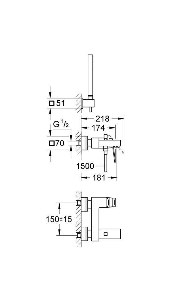 GROHE Einhand-Wannenbatterie EUROCUBE 1/2Zoll m Brausegarnitur chr
