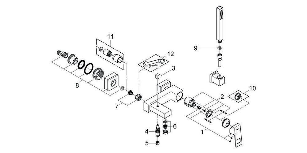 GROHE Einhand-Wannenbatterie EUROCUBE 1/2Zoll m Brausegarnitur chr