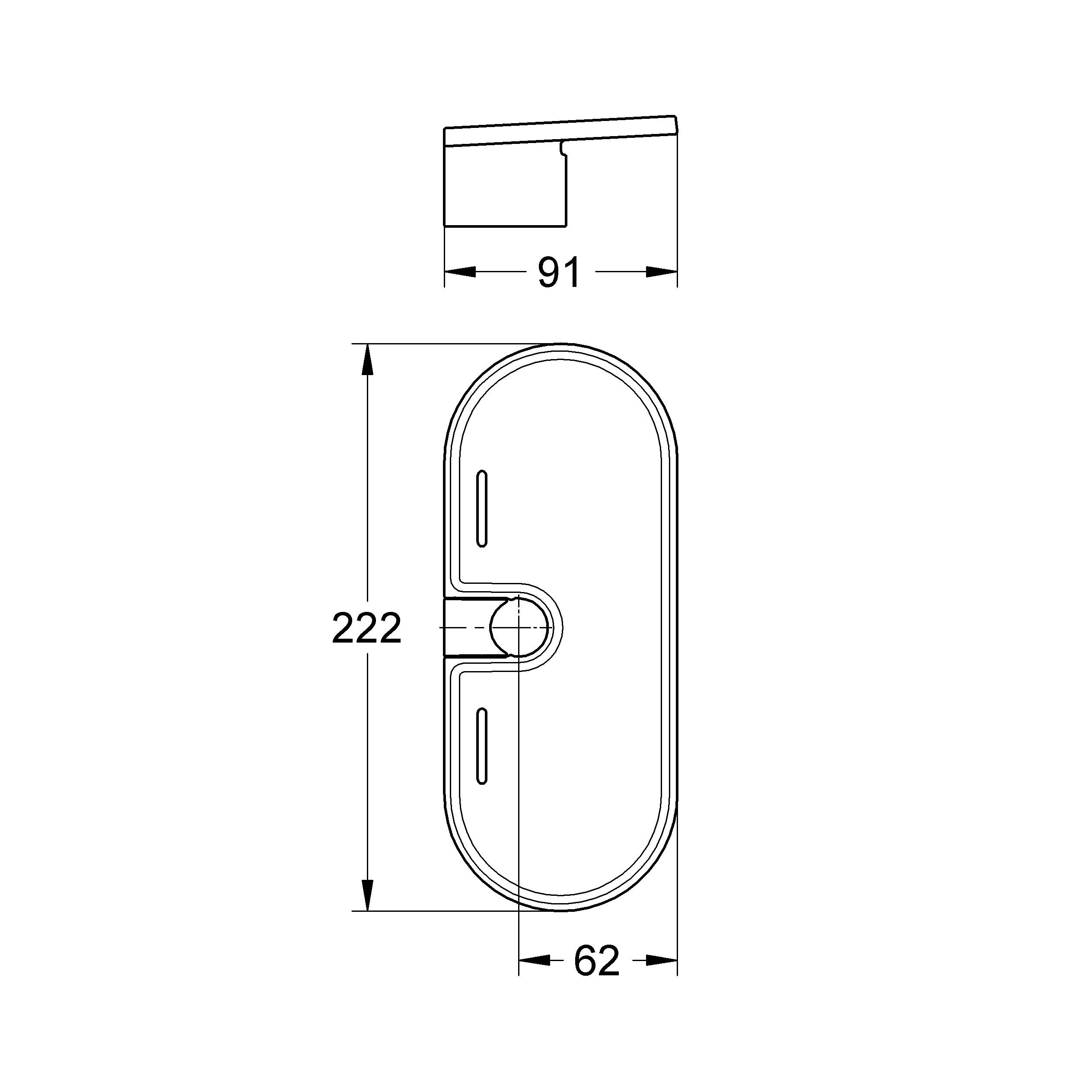 Technische Strichzeichnung eines ovalen Hardwareteils, dargestellt mit Abmessungen von 222 mm Höhe, 91 mm Breite und 62 mm Tiefe.