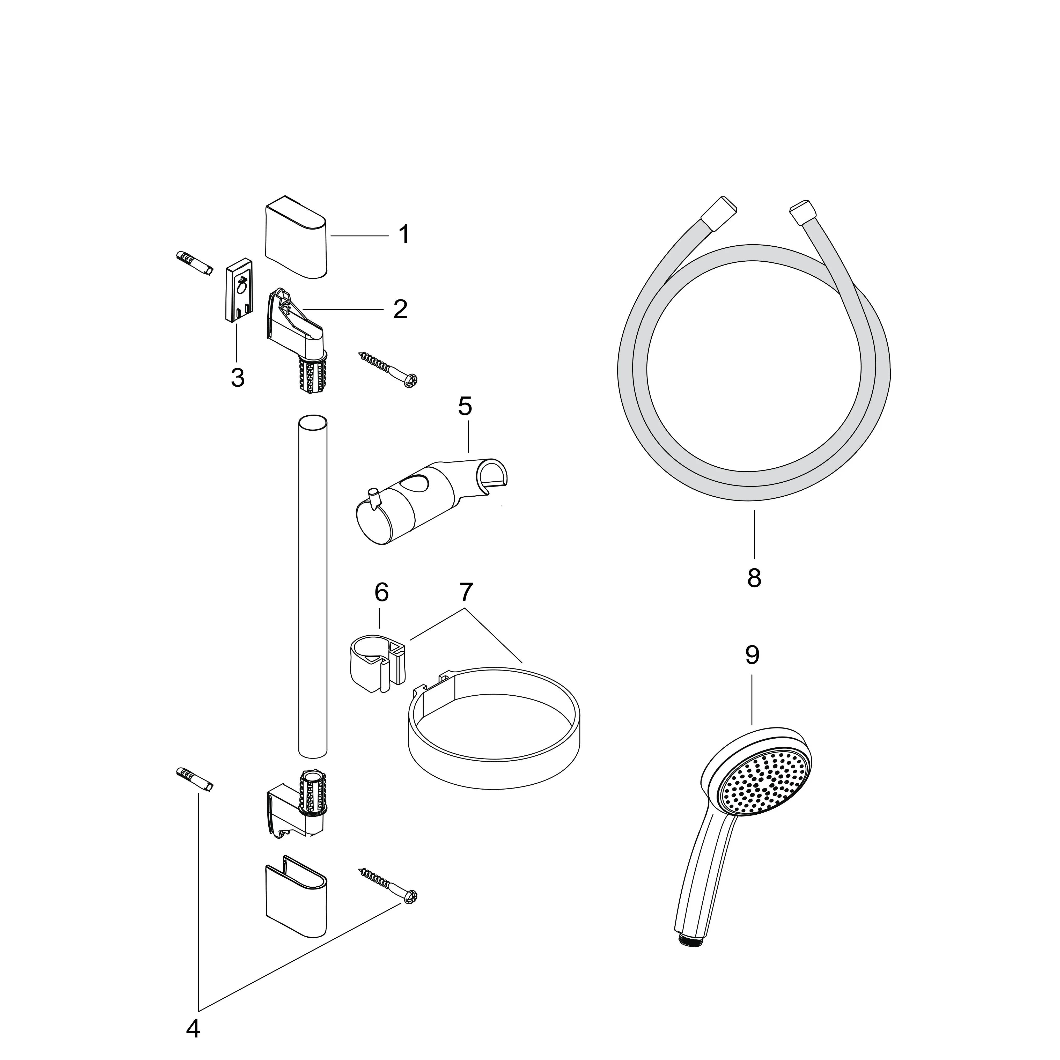 Explosionszeichnung eines Duschsets mit nummerierten Teilen: Halter, Halterungen, Wandbefestigungen, Schlauch, Handbrausekopf und Ringklemme.