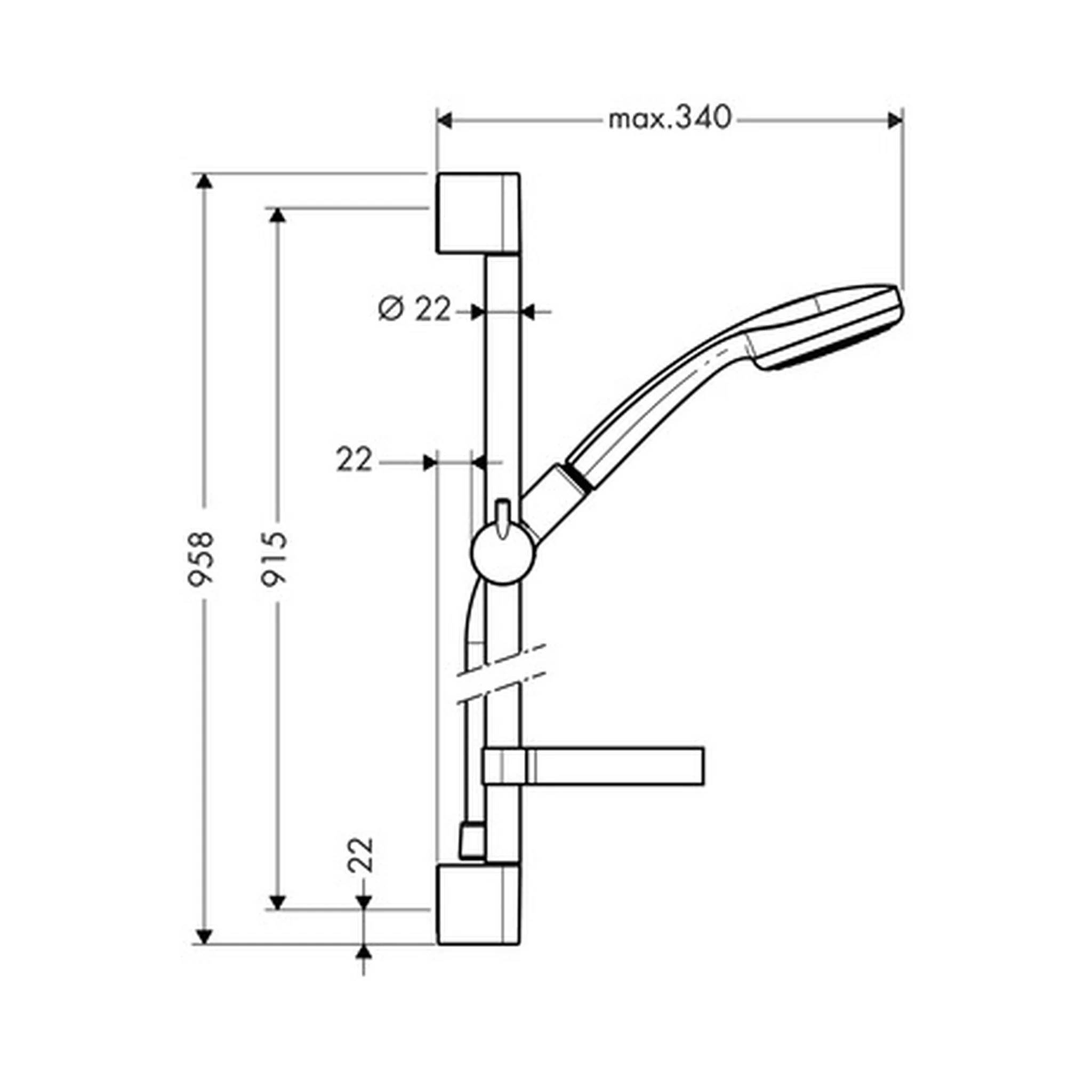 Technische Seitenansicht mit Abmessungen einer Hebel-Griff-Baugruppe, die eine Gesamthöhe von 958 mm, eine Höhe von 915 mm, eine maximale Tiefe von 340 mm und Maße von 22 mm aufzeigt.