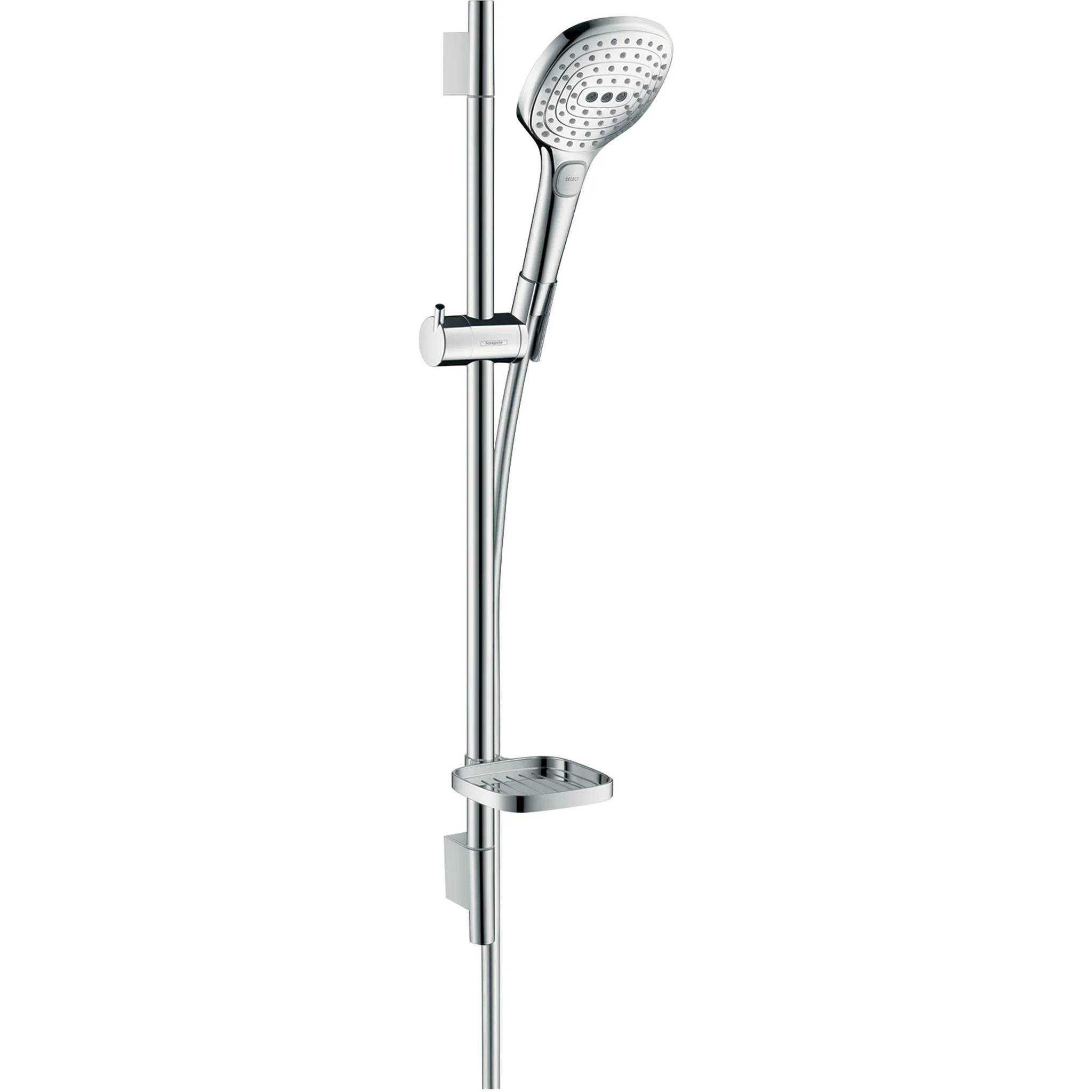 Chrome-Duschschienensatz mit Handbrausekopf, verstellbarem Halter und Seifenschale auf weißem Hintergrund.