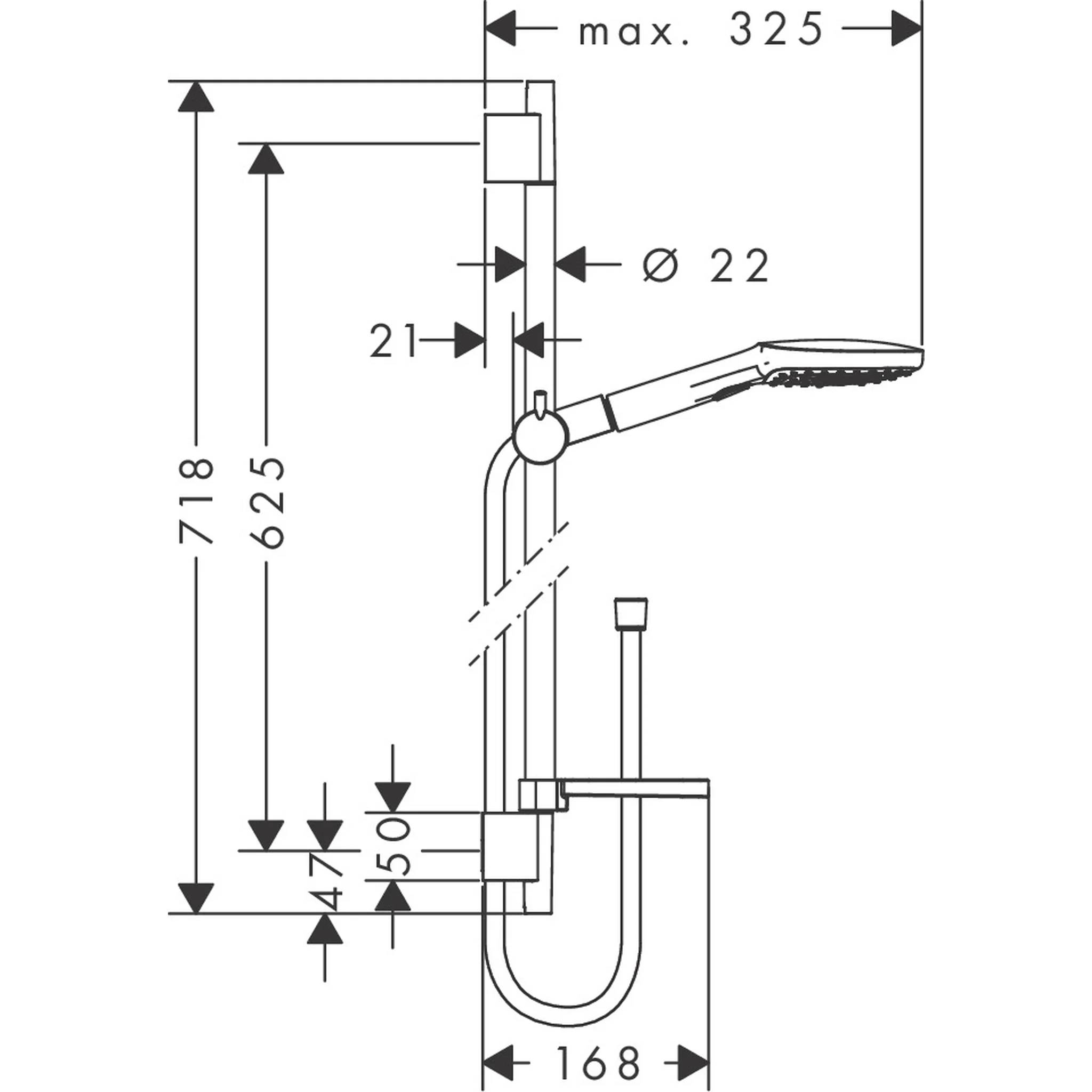 Maßstabgetreue Seitenansicht-Diagramm einer tragbaren Dusche auf einer Führungsschiene, mit Installationsmessungen einschließlich max. 325, 718, 625, 50, 47, 168 und 22 mm.