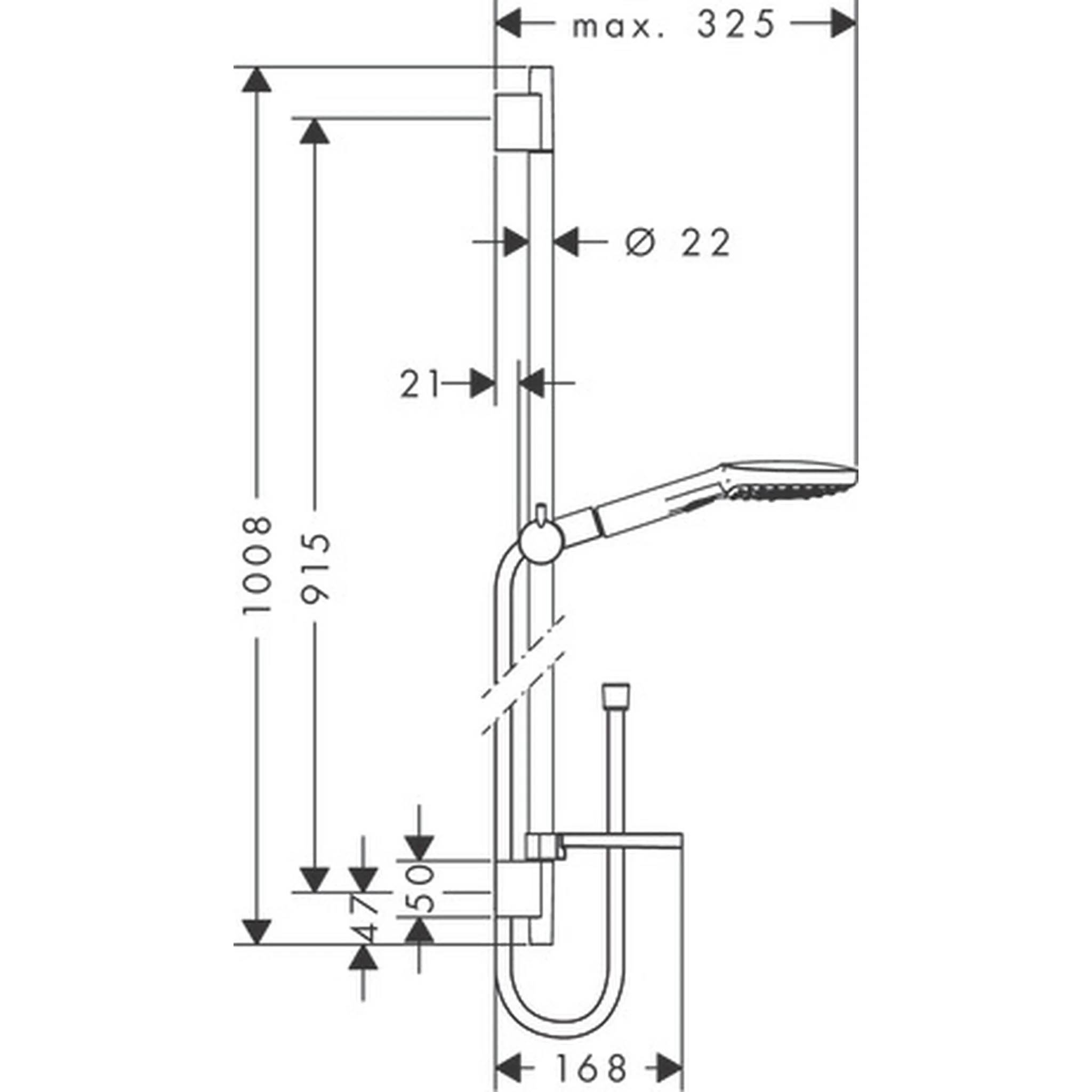 Technisches Diagramm einer Duschstange mit Abmessungen, das eine vertikale Stange und einen verstellbaren Duschkopfarm zeigt; Beschriftungen enthalten max. 325, Ø 22, 1008, 915, 168, 47 und 50.