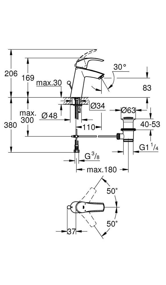 GROHE Einhand-WTbatterie EUROSMART DN 15 M-Size ZAG 1 1/4Zoll chr