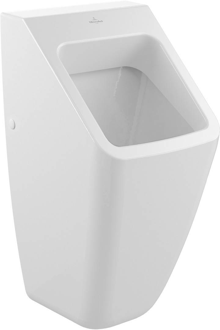 Weiß montiertes Wandurinoir mit eleganter, kantiger Formgebung und offenem Becken, isoliert auf neutralem Hintergrund dargestellt.