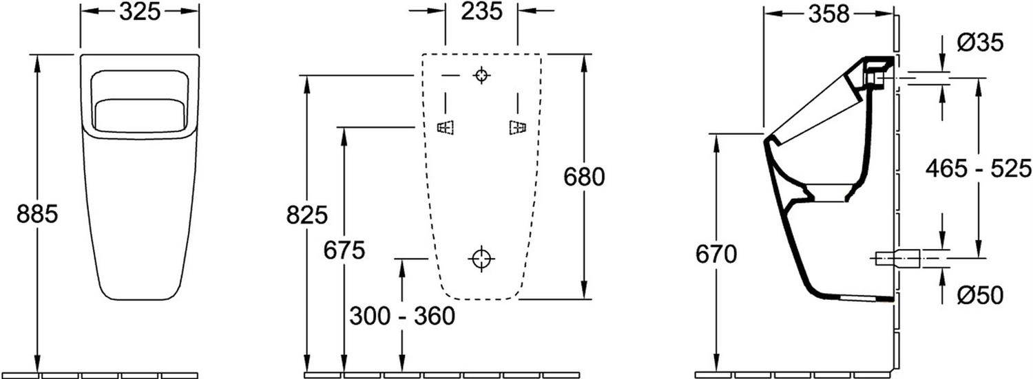 Technische Zeichnung einer wandmontierten Vorrichtung dargestellt in Vorder- und Seitenansicht mit Abmessungen in Millimetern, einschließlich Breiten 325 und 358, Höhe 885 und Anschlussgrößen Ø35 und Ø50.