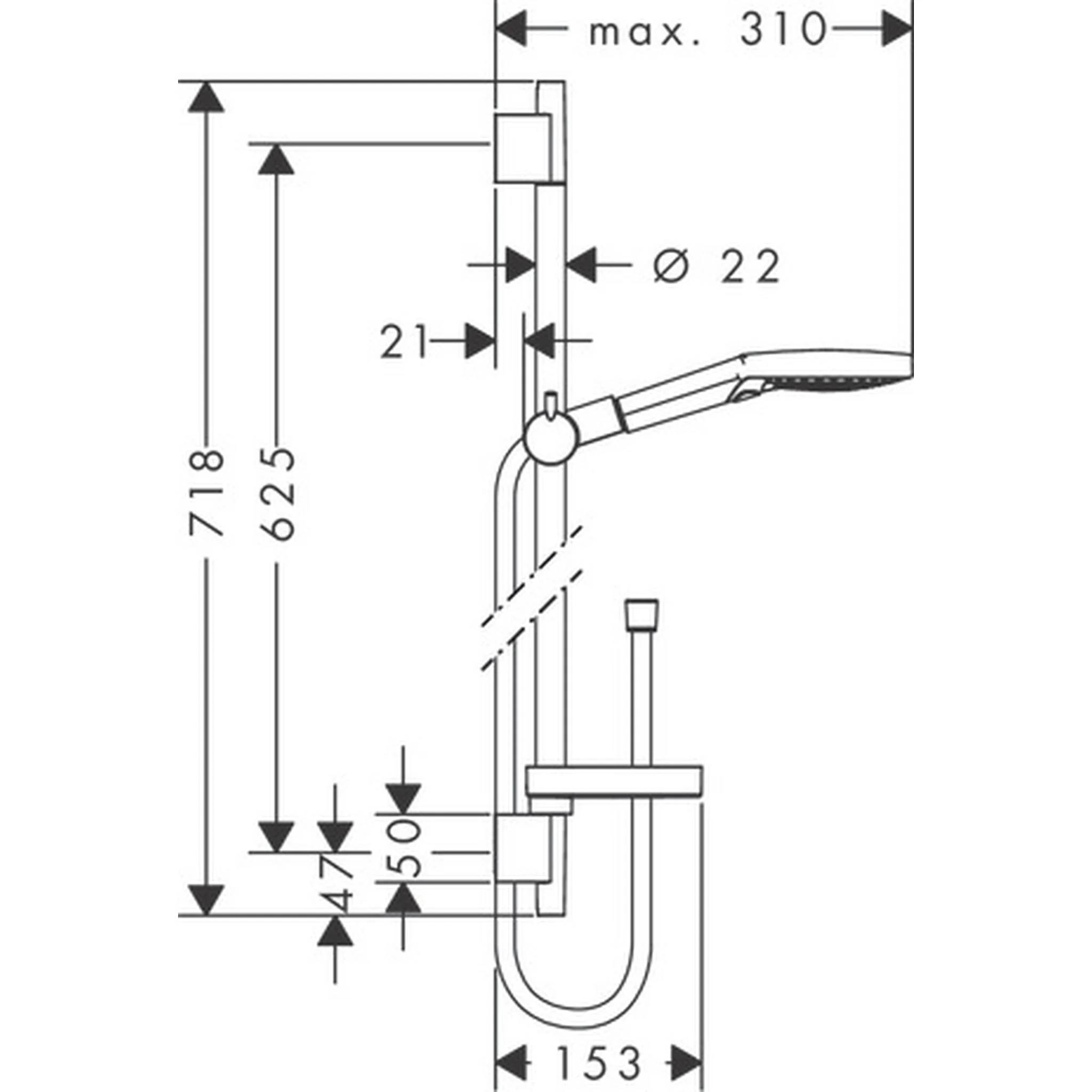 Technische Maßzeichnung eines wandmontierten Duschkopfes und Schlauchanschlusses mit wichtigen Abmessungen einschließlich max. 310, Ø22, 718, 625, 150 und 153 mm.