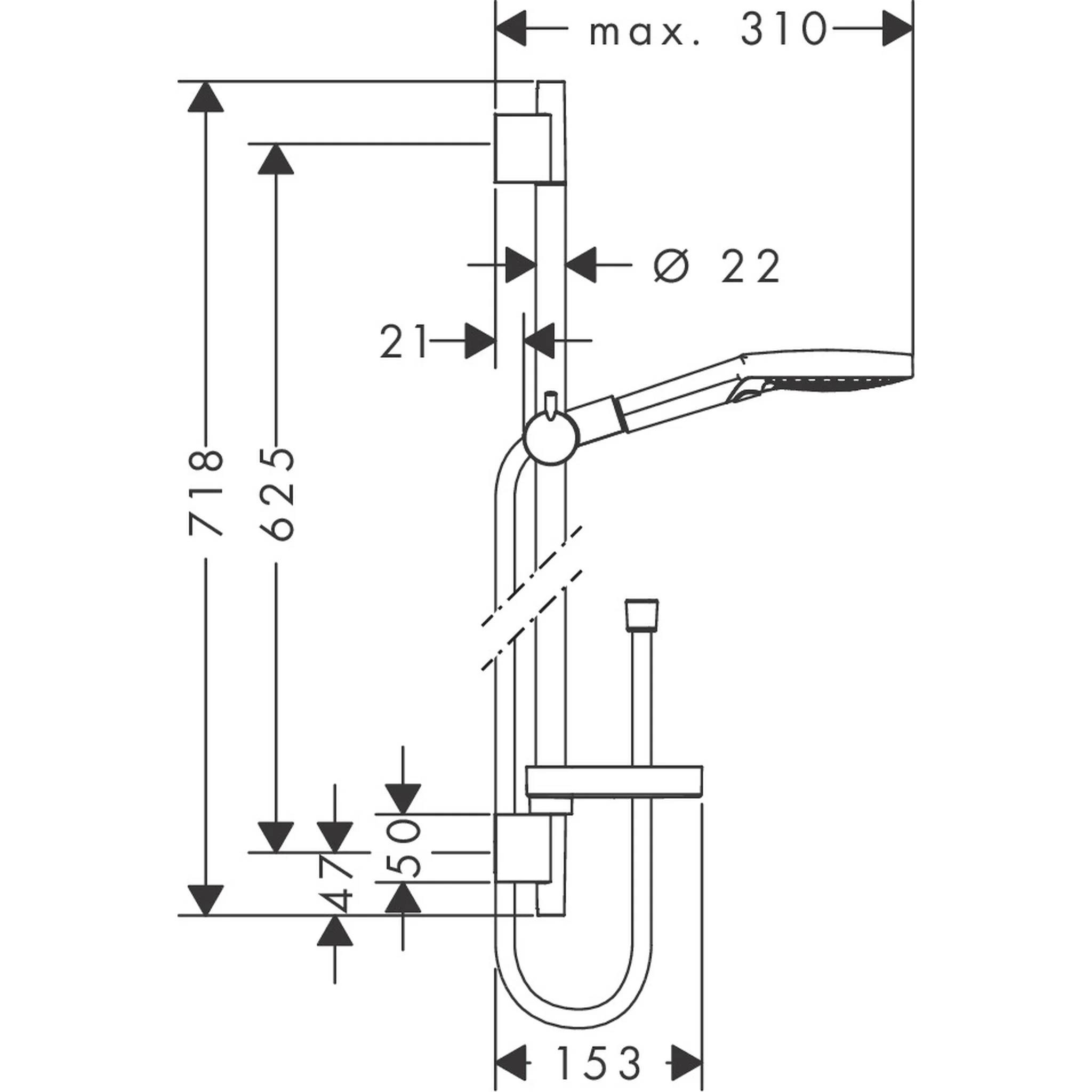 Technisches Maßstab-Diagramm einer wandmontierten Armatur/eines Fixtures, das eine Seitenansicht mit Schlüsselmessungen zeigt: max 310, Höhe 718 und 625, Durchmesser 22 und Breite 153.