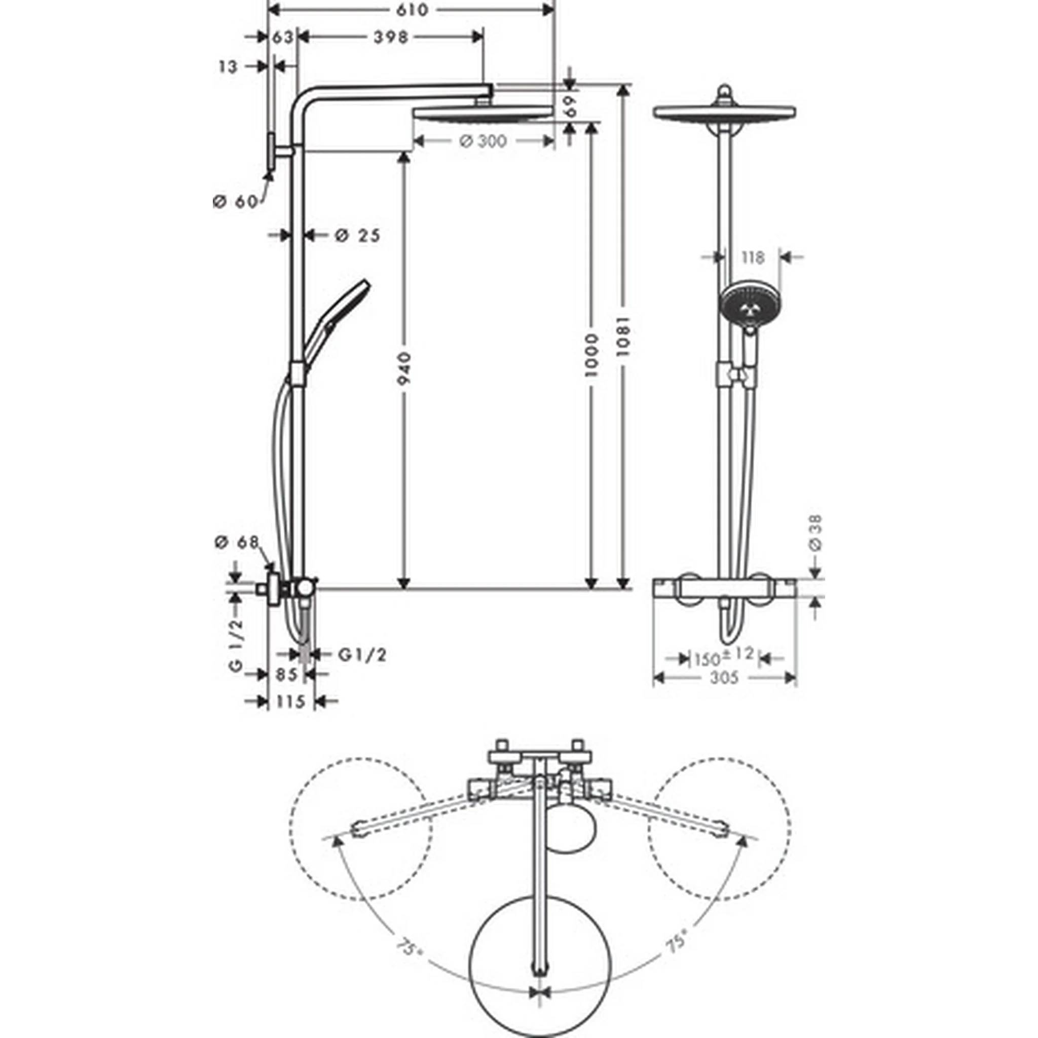 Technische Zeichnung eines Duschanlagensystems mit Deckenregen-Duschkopf, Handbrause und Mischbatterie, mit Maßangaben und Installationsmessungen.