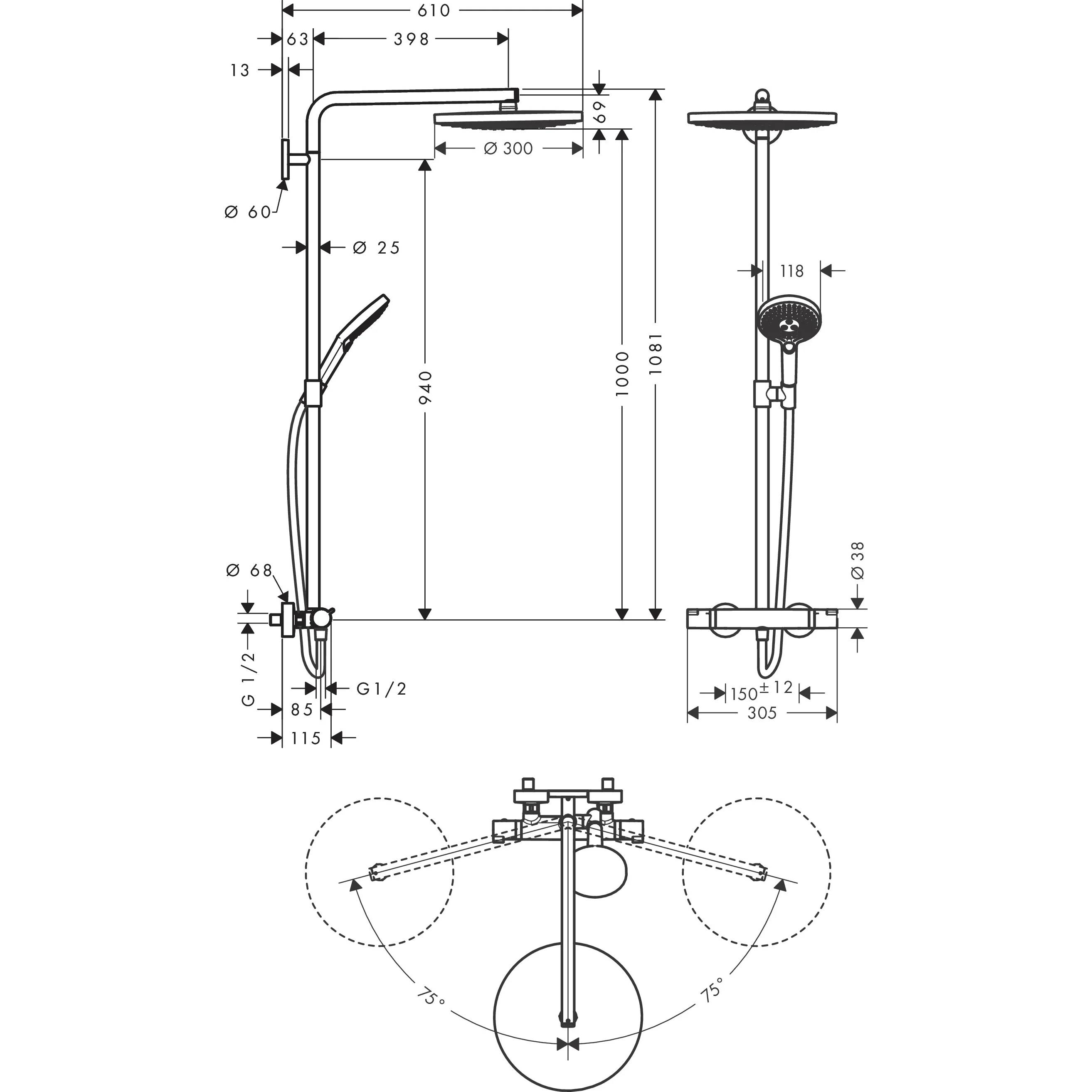 Technische Zeichnung eines Duschasystems mit Regendusche, Handbrause und wandmontierten Steuerelementen, mit Abmessungen und Installationsmessungen.