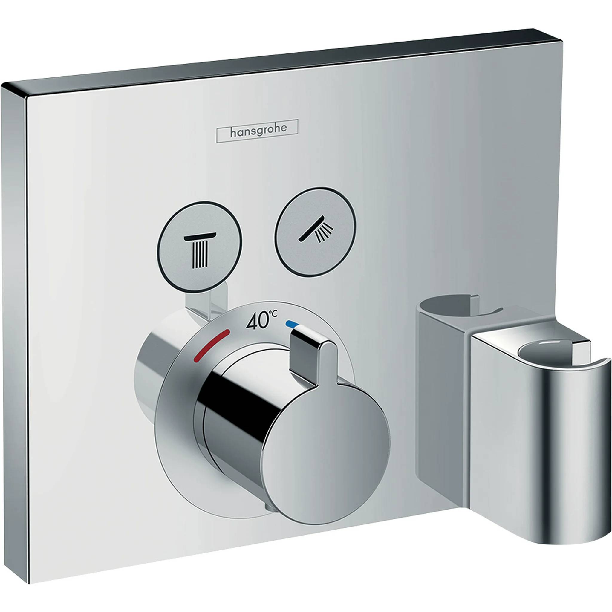Chrome-Hansgrohe-Duschkontrollpanel mit Temperaturregler mit Markierung 40°C, Heißwasser- und Duschmodusschaltflächen sowie einer Halterung auf der rechten Seite.