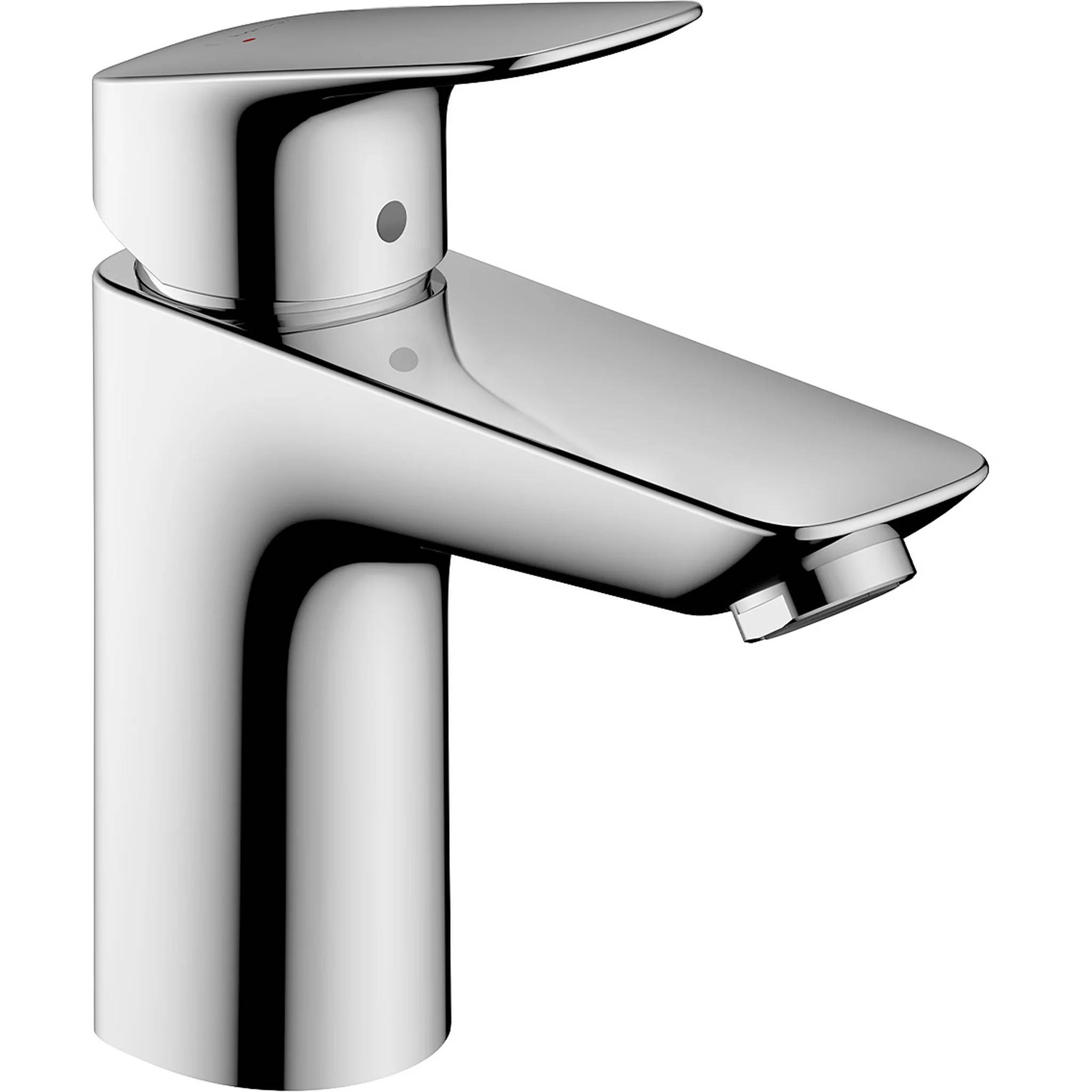 Verchromter Einhebel-Badezimmerwasserhahn mit modernem, kantigem Auslauf und zylindrischer Basis auf weißem Hintergrund.