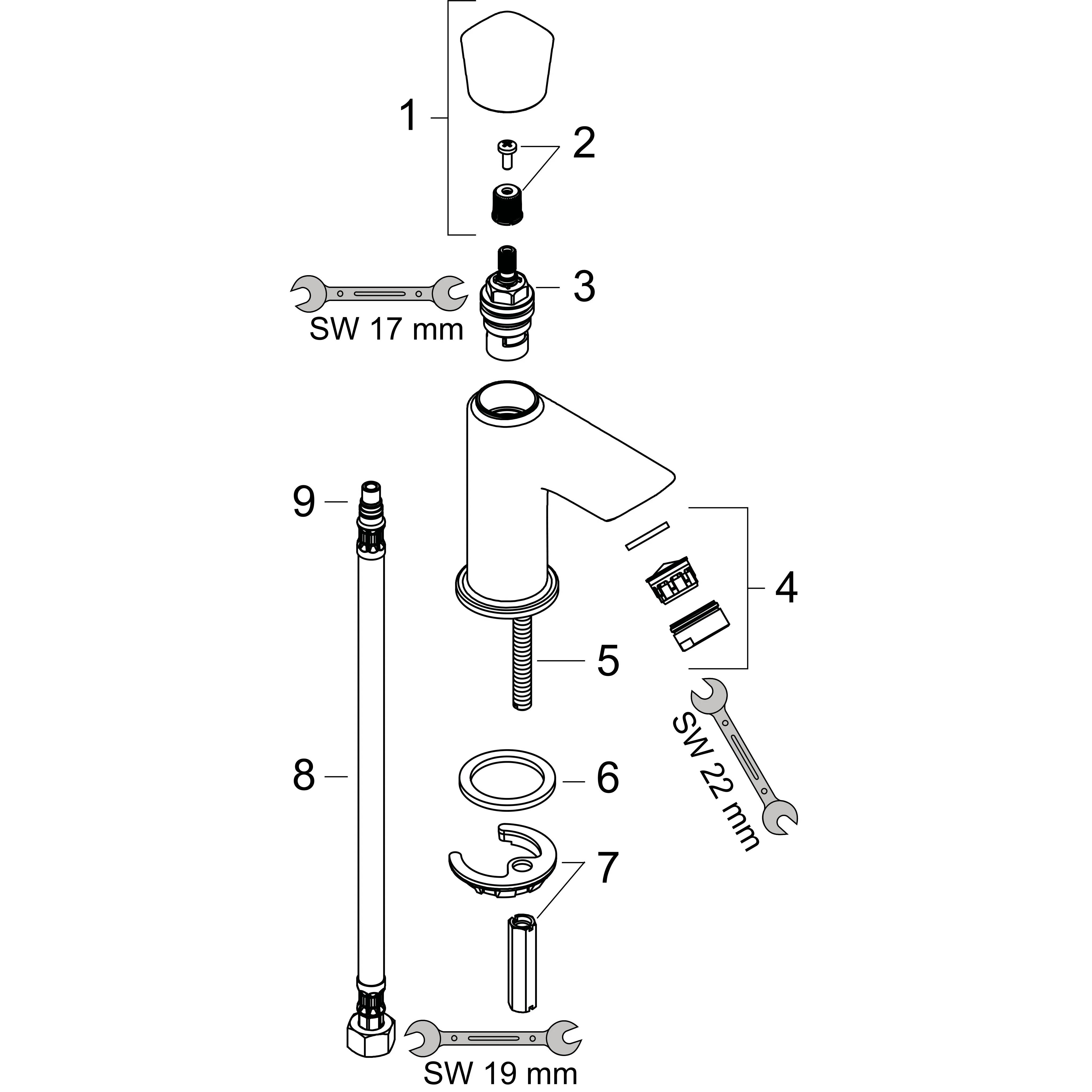 Explodiertes Diagramm einer Armatureneinheit mit nummerierten Teilen 1-9, Schraubenschlüsseln mit den Bezeichnungen SW 17 mm, SW 19 mm und SW 22 mm sowie Installationsreihenfolge.