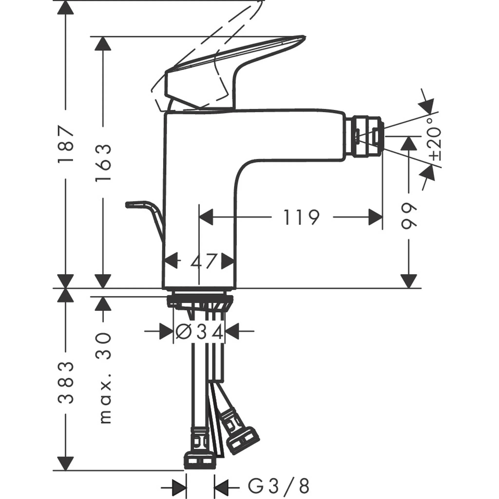 Technische Strichzeichnung eines Einhebel-Wasserhahns in Seitenansicht mit Bemaßungsangaben und Anschlussgewinde G 3/8.