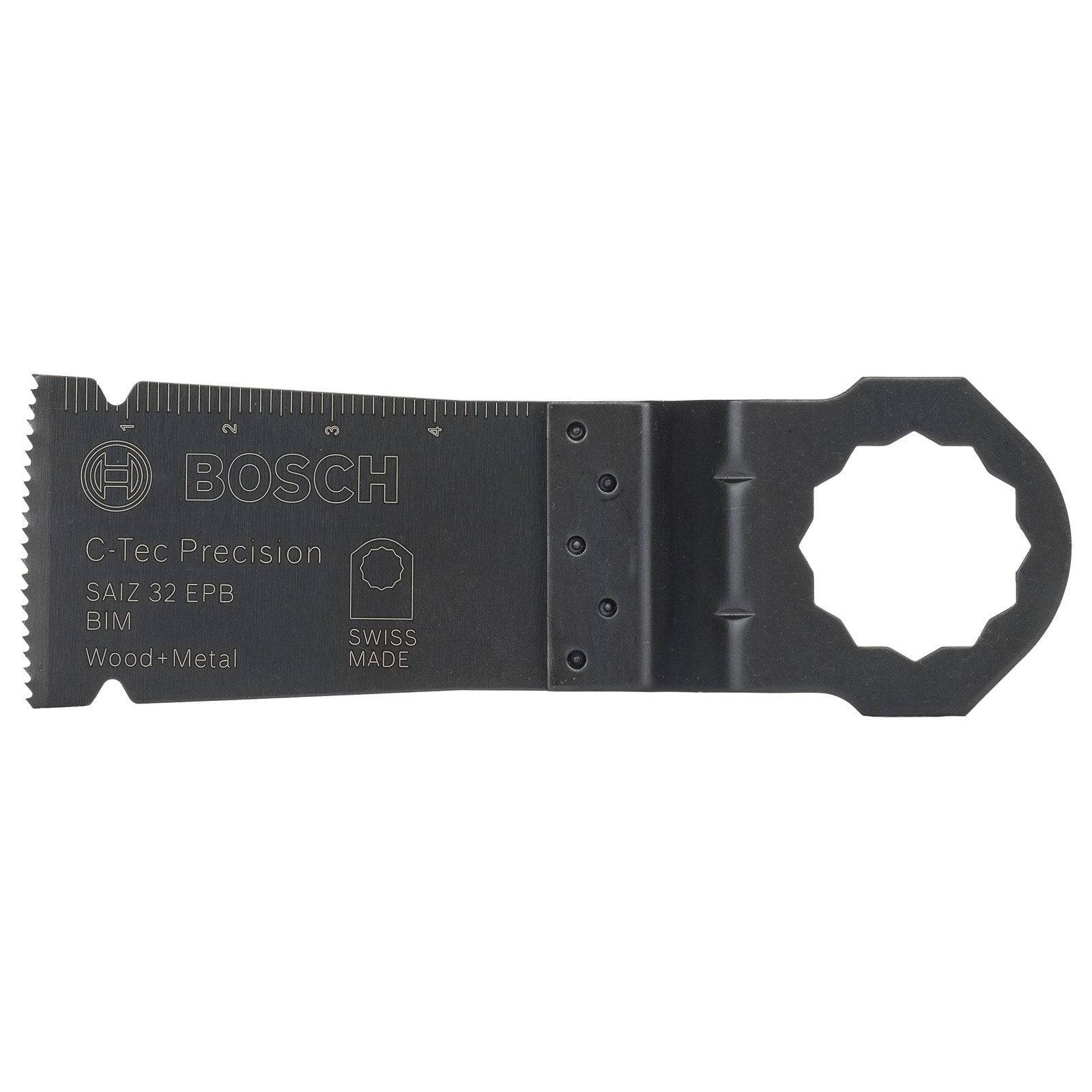 Eine Bosch C-Tec Präzisionssägeblatt, Modell SAI/Z 32 EPB, zum Schneiden von Holz und Metall, mit metrischer Skala und Schweizer Herkunftsetikett.
