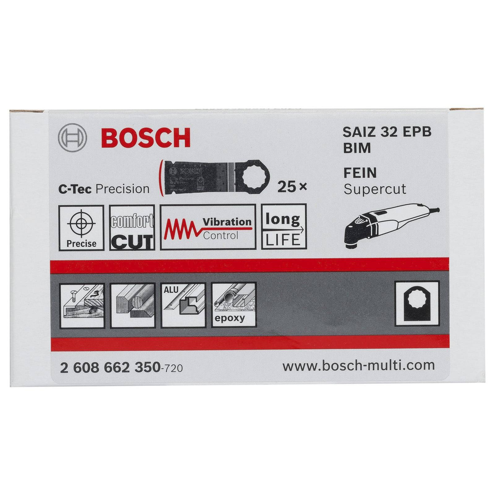 Bosch-Multiwerkzeug-Sägeblätter-Verpackung mit dem Modell SAIZ 32 EPB BIM für Fein Supercut. Merkmale umfassen präzisen Schnitt, Vibrationskontrolle und lange Lebensdauer.