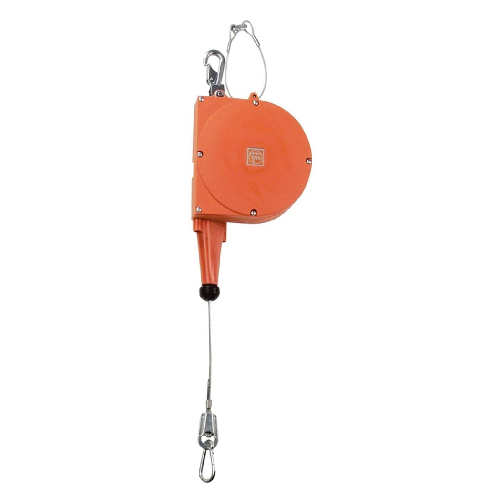 Orange Kabel-Seilzug mit Haken und einem einziehbaren Mechanismus, verwendet zum Anheben oder Sichern von Gegenständen.