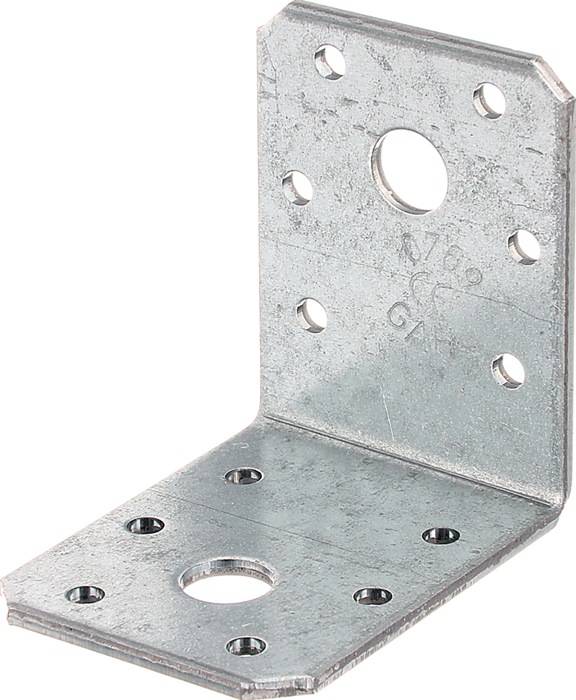 Eine Metallwinkel mit mehreren Löchern für Schrauben, die zum Verbinden und Verstärken von Möbeln oder Strukturen in einem rechten Winkel verwendet wird.