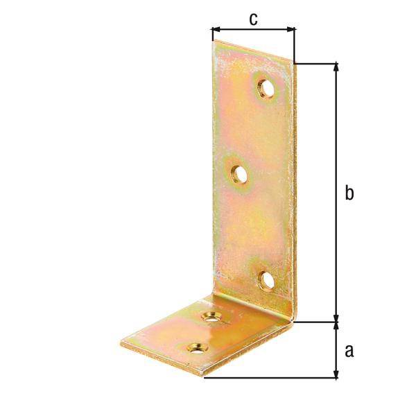 L-förmige Metallhalterung mit vier Löchern, gekennzeichnet mit den Dimensionen 'a' für Breite, 'b' für Höhe und 'c' für Tiefe.