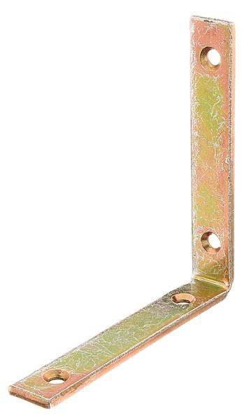 Ein Metallwinkel in L-Form mit zwei Löchern, je eines pro Seite, der zur Verstärkung von rechtwinkligen Verbindungen beim Bauen oder bei der Möbelmontage verwendet wird.