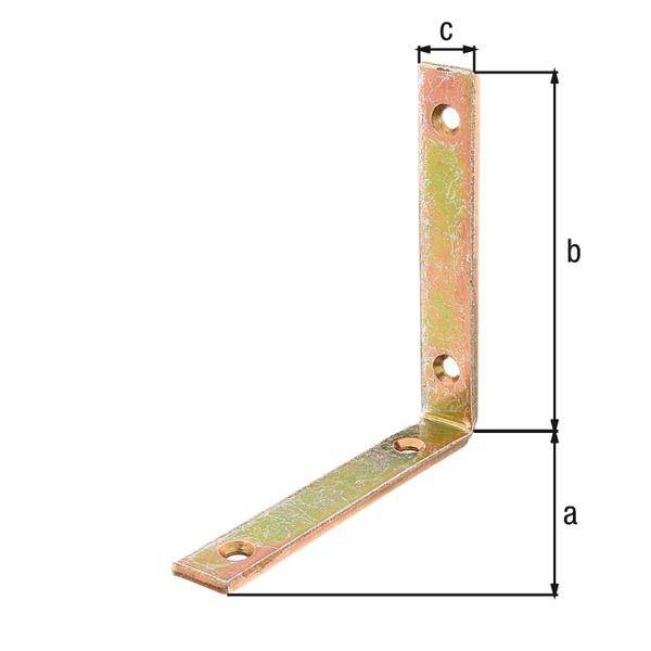 Metallisches L-förmiges Winkelblech mit drei Löchern an jeder Seite; Abmessungen gekennzeichnet mit 'a', 'b' und 'c' mit Pfeilen, die die Länge angeben.