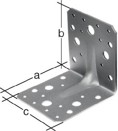 Eine L-förmige Metallhalterung mit mehreren Löchern zur Befestigung, beschriftet mit den Maßen 'a', 'b' und 'c', die ihre Größe angeben.