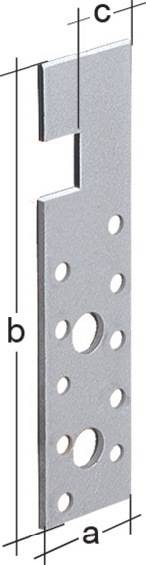 Diagramm, das eine Metallplatte mit mehreren runden Löchern zeigt, die in zwei vertikalen Reihen angeordnet sind. Eine Linie mit der Bezeichnung 'b' gibt die Breite der Platte an.
