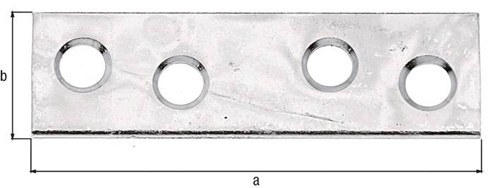 Eine Metallhalterung mit zwei kreisrunden Löchern auf weißem Hintergrund, horizontal betrachtet.