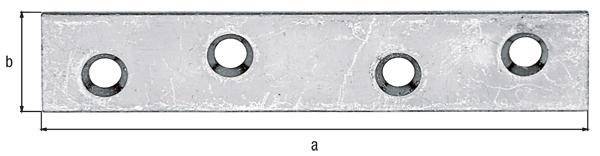 Diagramm, das eine rechteckige Metallplatte mit zwei kreisförmigen Löchern zeigt, die auf einer Skizze mit a und b beschriftet sind.