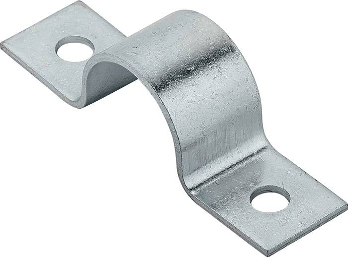 Ein Metallrohrhalter mit zwei Löchern zum Befestigen, der dazu dient, Rohre an Oberflächen zu sichern.