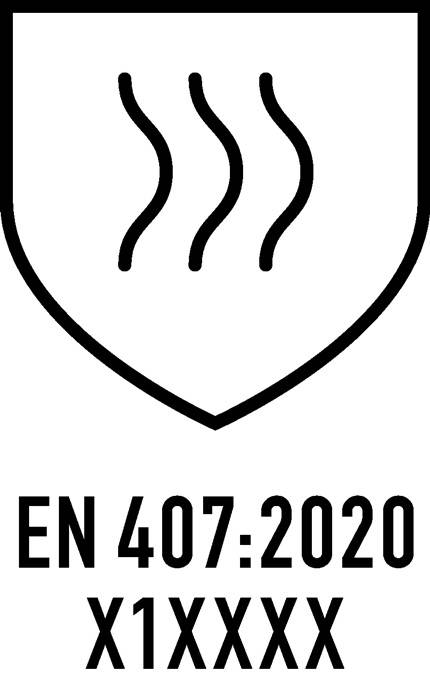 Ein Schildsymbol mit drei gewellten Linien im Inneren, das Hitzeschutz anzeigt. Unterhalb des Schildes steht der Text 'EN 407:2020', der sich auf einen Sicherheitsstandard bezieht.