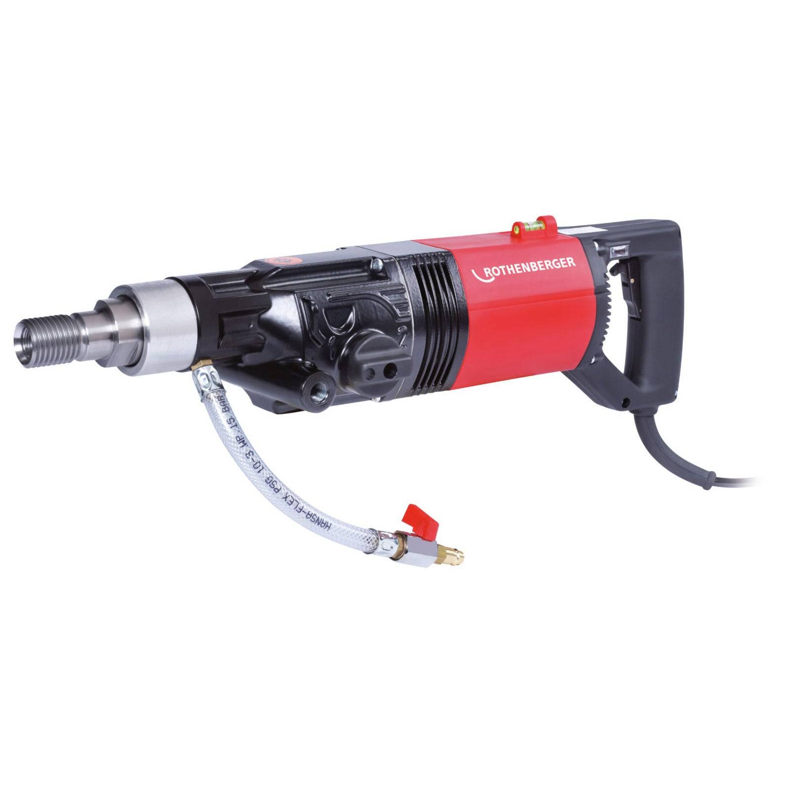 Eine rote und schwarze Bohrmaschine mit angeschlossenem Schlauch, mit der Aufschrift 