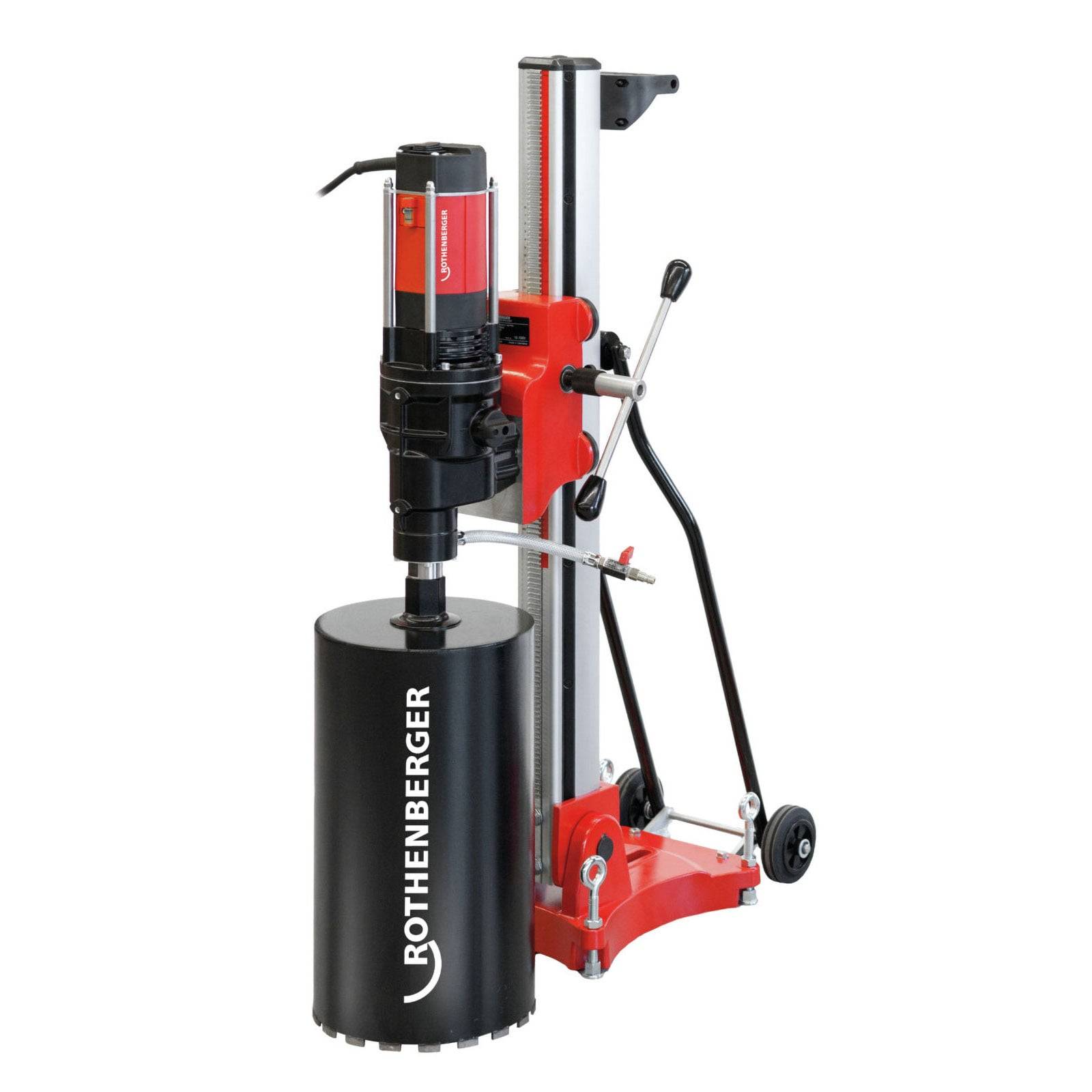 Eine rote und schwarze Rothenberger-Kernbohrmaschine mit Rädern und einem Hebel, entwickelt für präzises Bohren in Bauprojekten.