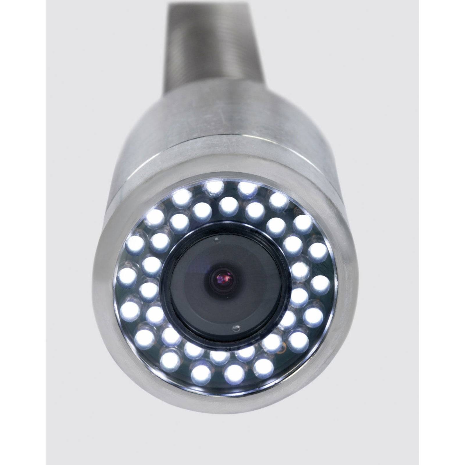 Eine Zylinderkamera mit mehreren LED-Leuchten, die die Linse umgeben, wahrscheinlich zur Verbesserung der Sichtbarkeit unter schlechten Lichtverhältnissen.