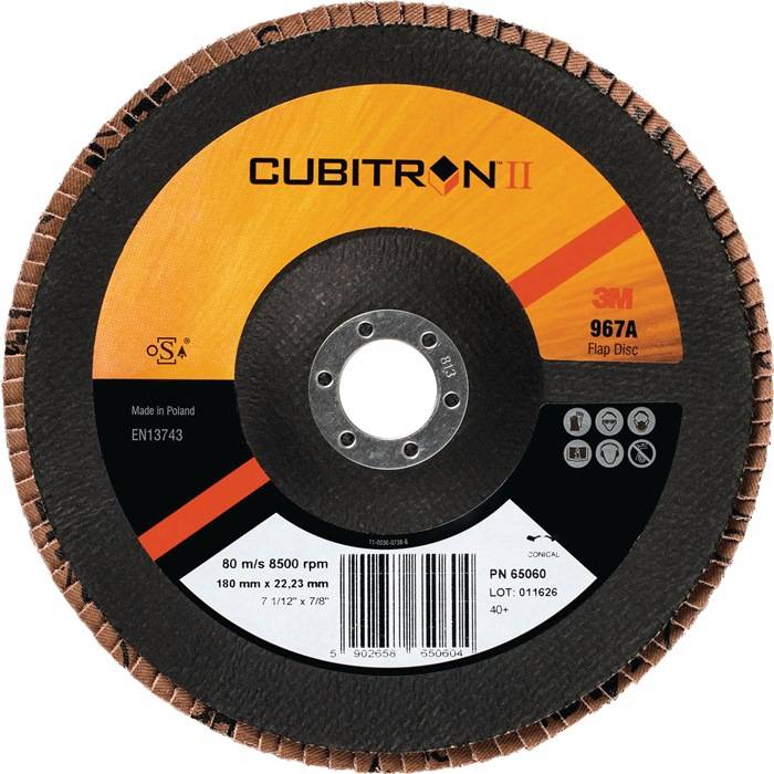 Ein rundes Schleiflamellenscheibe, gekennzeichnet mit 'Cubitron II 967A' von 3M. Zeigt Spezifikationen: 180mm x 22,23mm, 80m/s, 8500 U/min.