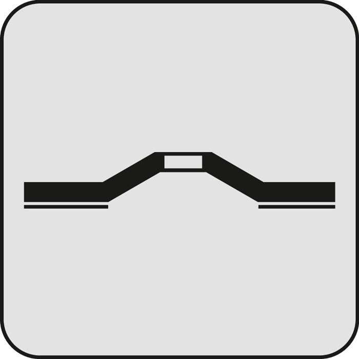 Ein schwarzes, vereinfachtes Symbol einer Brücke mit einem Bogenzentrum auf einem hellgrauen quadratischen Hintergrund, das einem schematischen Symbol ähnelt.