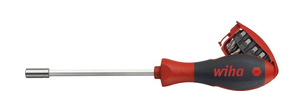 Ein rot-schwarzer Wiha-Schraubendreher mit metallischem Schaft und einem kleinen offenen Lagerfach im Griff.