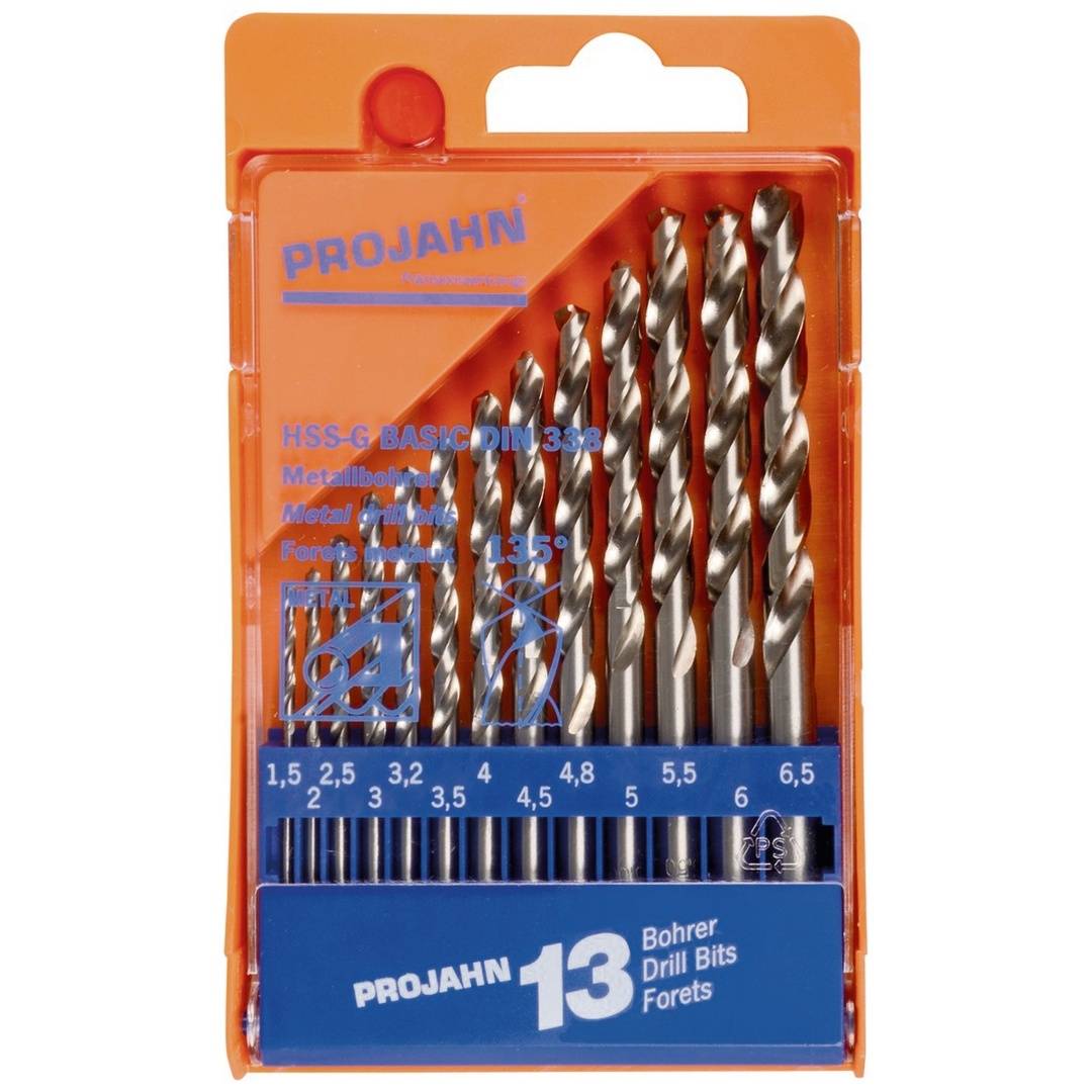 Orange Projahn 13-teiliger Bohrersatz in Kunststoffkoffer mit sortiertem Metallbohrern, gekennzeichnet für Größen von 1,5 bis 6,5 mm.