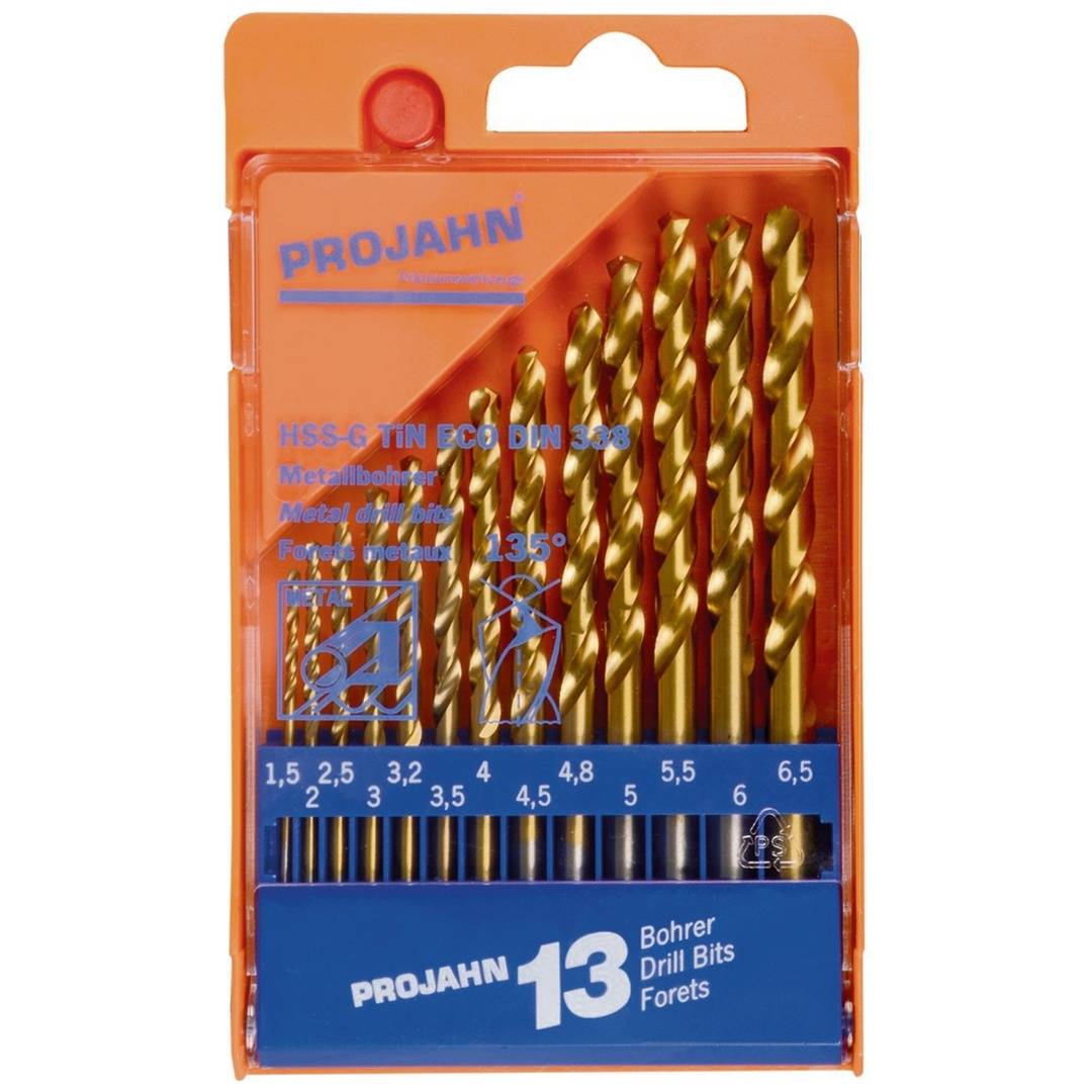 Satz von 13 Goldbohrern in einem orangefarbenen PROJAHN-Koffer, gekennzeichnet mit 'HSS-G TIN ECO DIN 338' und 'Bohrer Drill Bits Forets'.