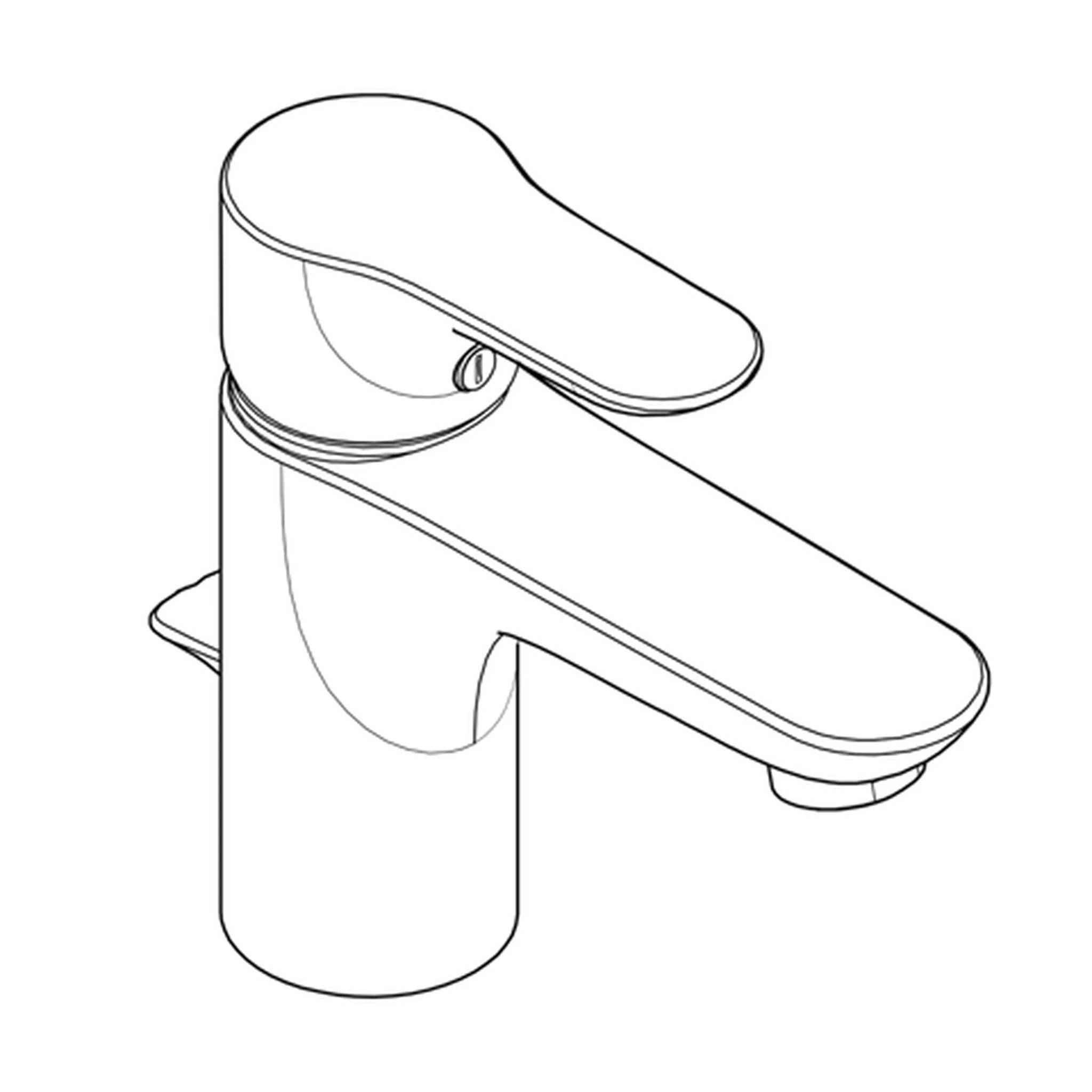 Linienzeichnung eines einhebel-badezimmerhahns mit geschwungenem auslauf und zylindrischer basis auf einfachem hintergrund.