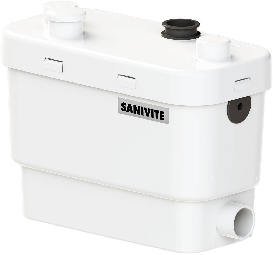 Weiße SANIVITE-Mazerator-Pumpentank mit Ein- und Ausgangsanschlüssen auf einem einfachen Hintergrund.