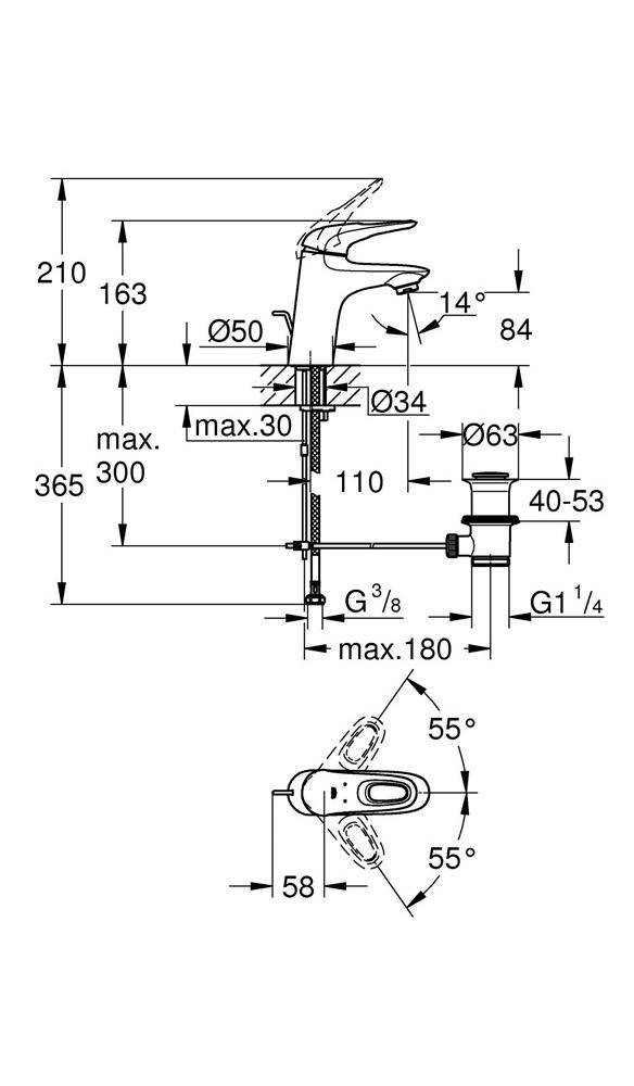 GROHE EH-WTbatt EUROSTYLE 1/2Zoll S-Sz ZAG EJ 5,7 l/m off Hebel ch