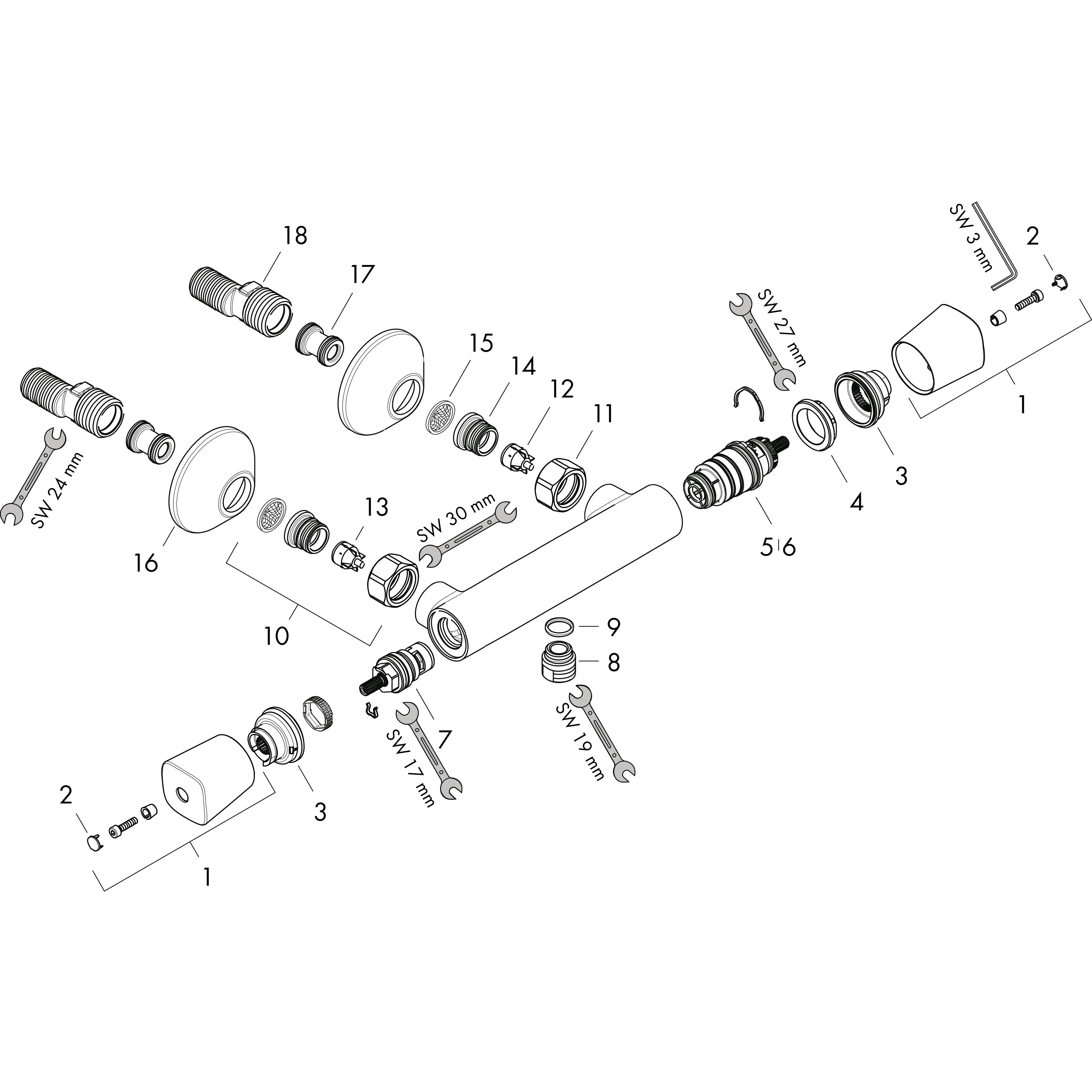 Explodierte technische Zeichnung einer zylindrischen mechanischen Baugruppe mit nummerierten Teilen, Unterlegscheiben, Lagern, Endkappen und Schraubenschlüsselgrößen für die Wiedermontage.